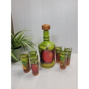 Vintage Tequila Serving Set, Mexican Barware Decanter 6 Shot Glasses Handpainted